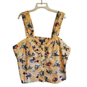 Modcloth Cropped Yellow Western Scene Sleeveless Blouse